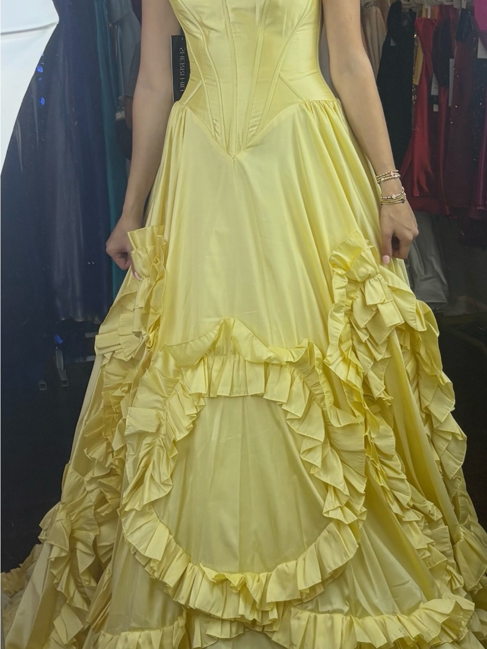 Sherri Hill Yellow Ruffled Ball Gown Dress